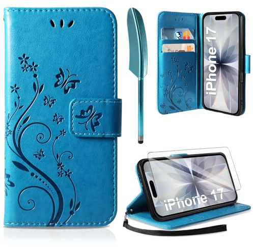 AROYI Fodral kompatibelt med iPhone 17 fodral med härdat glas skärmskydd, plånboksfodral PU-läder med kortfack vikbart stativ magnetiskt skyddande flipfodral blå