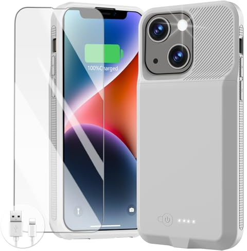 GIN FOXI Akkuhülle für iPhone 13/13 Pro/14/14 Pro, ultradünne Ladehülle, echte 7000 mAh, wiederaufladbar, Anti-Fallschutz, verlängerte Ladehülle für iPhone 14/14 Pro/13/13Pro (6,1 Zoll), Grau