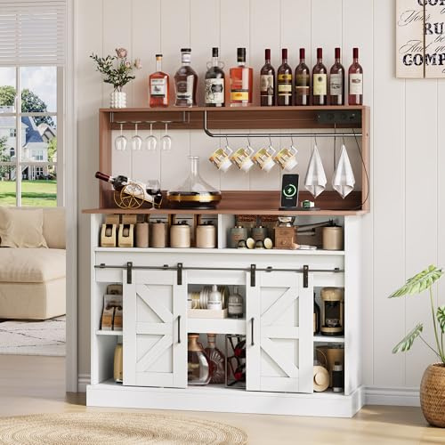 Juabett Küchenschrank mit Arbeitsplatte, Sideboard mit Stauraum & Schiebetüren, Kaffeebar mit Gläserhalter und Steckdosen (2×AC, 2×USB), 120×40×130cm Buffetschrank für Küche & Wohnzimmer, Weiß