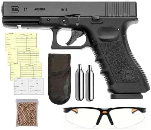 Pack Pistola de Balines Glock 17 Blowback (CO2) G17. 3 Julios. Calibre 4.5 + Balines de Acero (BB'S) + Gafas de protección + 2 bombonas CO2 + Tarjeta Armas + Funda. Réplica Oficial