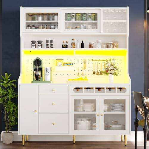YEHTOKHOME Vaisselier Cuisine avec Éclairage LED, Buffet Haut Cuisine, Portes Coulissantes en Verre, 4 Tiroirs, Cave à Vin Coulissante, Étagères Réglables, 145×39×171 cm (Blanc)