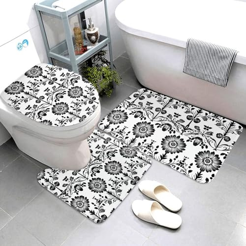 Set di 3 tappeti da bagno con stampa floreale vintage nera e bianca, assorbente, antiscivolo, lavabile, a forma di U, tappetino per WC, tappetino per il contorno del WC, tappetino per doccia e vasca