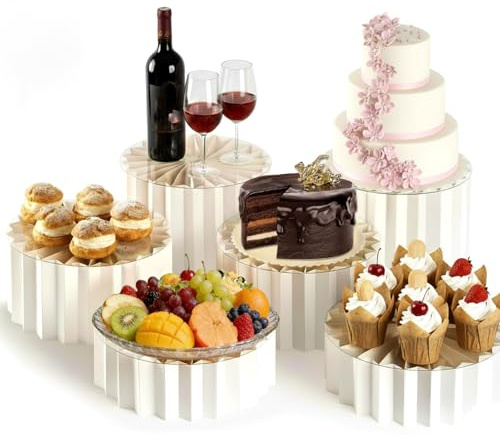 CAAGGMM Elevadores de buffet, paquete de 4 elevadores plegables para tartas, soportes cilíndricos de cartón blanco con platos acrílicos redondos, soportes para cupcakes, mesas de postre, para cupcakes