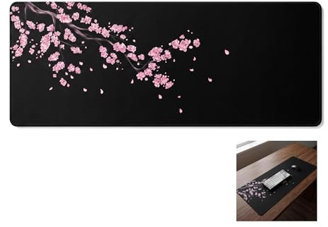 BEGTPK Black Japanese Plum Blossoms Mouse Pad (31.5 × 11.8 × 0.12 inch) Extended Large Mouse Mat Desk Pad, Stitched Edges Mousepad,Non-Slip Rubber Base,Gaming Mouse Pad XL