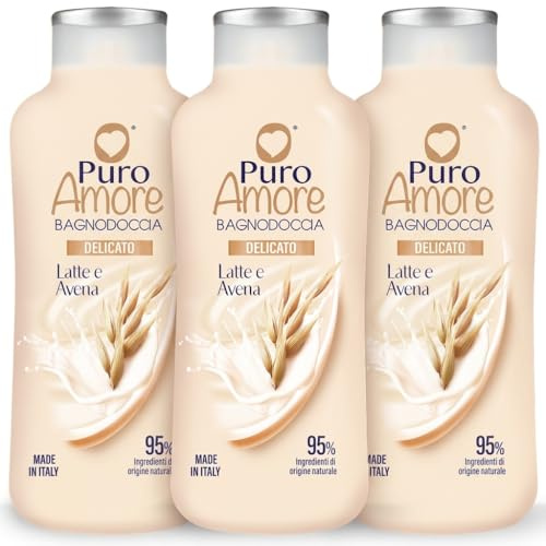 Puro Amore Bagnodoccia Delicato Latte e Avena, con Oli Essenziali ed Estratti Naturali, Schiuma Cremosa, Made in Italy, 3 o 6 Pezzi (3 Unita)