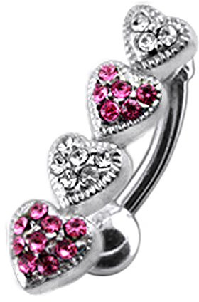 MONSTER PIERCING Pink Multi Stone Four Hearts Link Reverse Bar 925 Sterling Silver Belly Bar Piericng