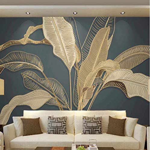 Papier Peint Panoramique 3D 350cmx250cm Feuille De Bananier Doré Jungle Tropicale Tapisserie Photo Poster Tableaux Muraux Salon Chambre Bureau Couloir Jungle Mural Décoration
