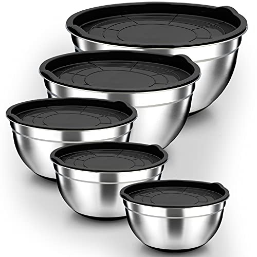 Homikit Rührschüssel Set, 5-teilig Salatschüssel Schüssel Set aus Edelstahl | mit Schwarz Luftdichtem Deckel und Silikonboden, Stapelbar, 6,6L/3,5L/2,5L/1,5L/1L, Multifunktional, Spülmaschinenfest