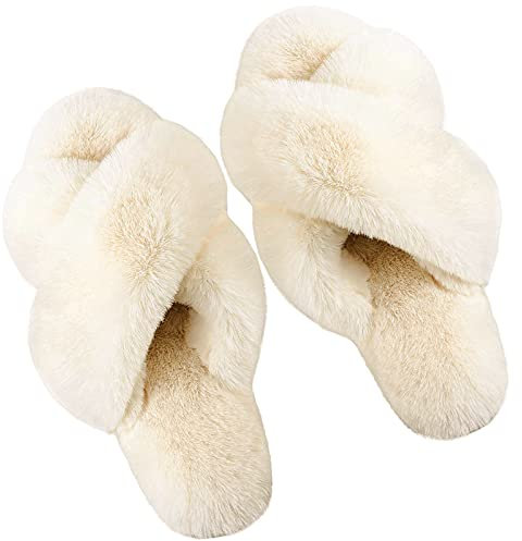 dressfan Ciabatte Donna Pantofole Sandali Punta Aperta da Casa Piatto Tenere Caldo Peluche Pelliccia Antiscivolo Soffice Suola di Gomma per Interno e Esterno,Beige Chiaro,36-37