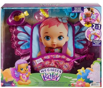 My Garden Baby - Marsupietto Vola e Vai 2 in 1, Porta Bambola e Borsa per il Cambio per Bambole, con 5 Accessori da Viaggio tra cui Biberon e Ciuccio, Giocattolo per Bambini, 3+ Anni, HBH45