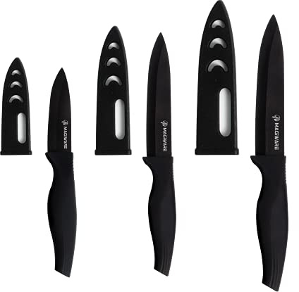 MAGIWARE 6-teiliges Schälmesser-Set mit Scheiden, Keramikklinge, scharf, rostfrei, schmutzabweisend (inklusive 12,7 cm Universalmesser, 10,2 cm Obstmesser, 7,6 cm Schälmesser), Schwarz (win0529)