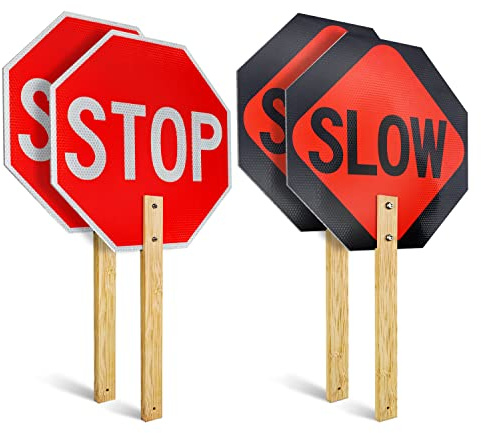Cartello Stop Slow con manico in bambù, confezione da 2, 33 x 33 cm, in alluminio, riflettente, robusto, facile da montare
