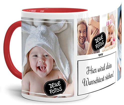 Foto-Tasse selbst gestalten mit Text & Collage für 4 Fotos - Geschenk für Familie, Freunde, Geburtstag, Weihnachten - Keramik Innen & Henkel Rot, 300 ml I Personalisiert
