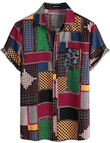 LucMatton Men's Linen African Traditional Floral Print Short Sleeve Button Down Hawaiian Shirts Multicolor Medium