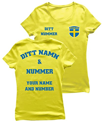 lepni.me Kvinnor T-shirt Sverige Fotbollströja med Ditt Namn och Nummer | Svenska Flaggan Märke Personlig Jersey Custom Topp | Fans av VM 2022 (XL Gul Flerfärgad)