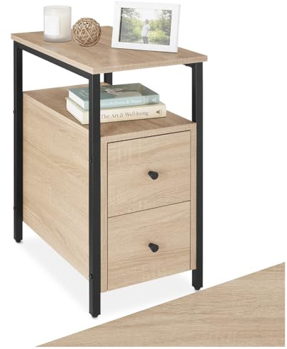 tectake® Nachttisch schmal, Nachtschrank mit 2 Schubladen und 2 Ablagen, schmaler Schrank 30 x 49,5 x 61,5 cm, Nischenschrank, Nachtkästchen, Beistelltisch schmal - Industrial Holz hell, Eiche Sonoma