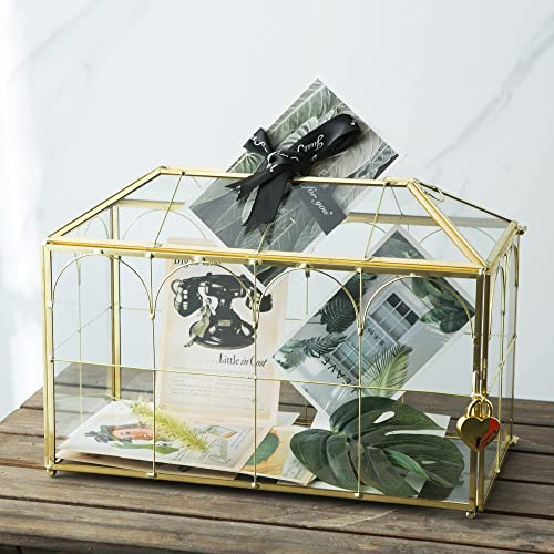 Giadun Hochzeitskartenbox aus Glas mit Schlitz, 32 cm, transparent, goldfarbenes Messing, Aufbewahrungsbox mit Schloss für Hochzeitsempfänge, Babyparty, Geburtstagsfeier, Dusche