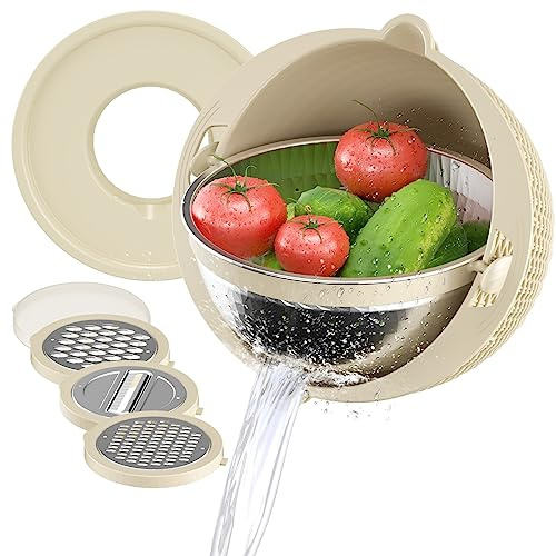 Set scolapasta con coperchio, ciotola per mescolare e 3 accessori per grattugia, colore beige