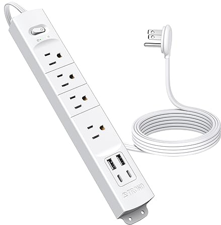 TROND Flat Plug Power Strip USB-5ft Flat Extension Cord Surge Protector Wall Mount, 2 Type C & 2 USB A Ports with Multiple Outlets, 1440J, 1625W for Office Supplies Dorm Room Essentials, White