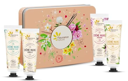 Fleurance Nature- Coffret Crèmes de Mains Evasion Florale- Certifié Bio Cosmos Ecocert- Coffret cadeau femme- 4x 30ml- Coffret Beauté femme Bio-fleur d'oranger-fleur de tiaré-Pivoine-Vanille-24651