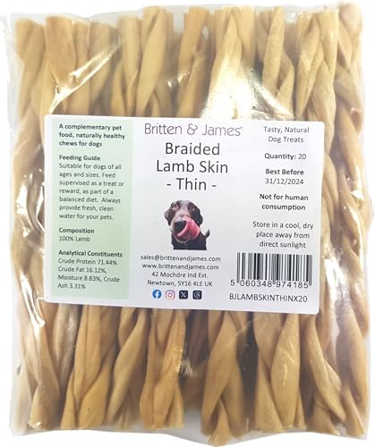 20 Thin Braided Lamb Skin Sticks for Dogs (280g) by Britten and James | Natural Long-Lasting Dog Chew Treats - Hypoallergenic, Gluten and Grain Free