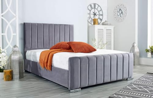 AuGold Beds Upholstered Panel Line 4FT6 Double Bed – Luxurious Grey Plush Bed Frame with Headboard & Footboard – Durable Modern Panel Design for Stylish Compact Bedrooms (Double)