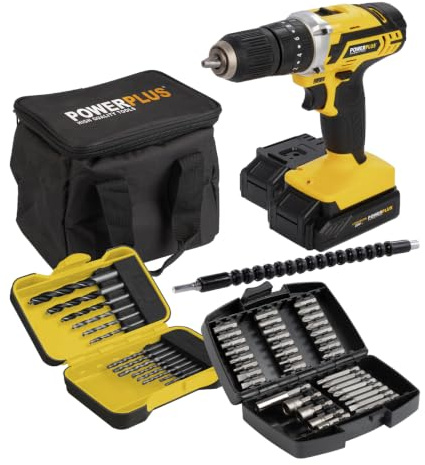 POWER PLUS POWX00840-Perceuse à percussion sans fil 3 en 1 : (percussion) perçage et vissage, 20 V, 40 Nm, interrupteur gauche et droite pour vis, avec 2 batteries 2,0 Ah et 1 chargeur