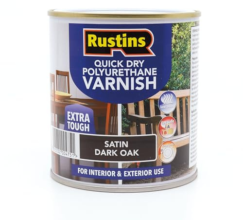RustinsQuick Dry Poly Varnish Satin Dark Oak 1ltr -Tough, Water-Based Clear Finish in Gloss, Matt or Satin; Durable Protection for Interior Wood, Furniture and Floors