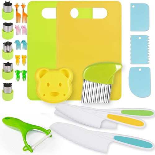 Genround Kindermesser, 19-teiliges Kinder Kochmesser Küchenmesser Set, inklusive schneidemesser wellenmesser Baby, ausstecher Brot und gemüse Kinder, kinderküchenzubehör ab 3 Jahre