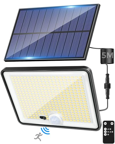 LOTMOS Lampe Solaire Exterieur Detecteur de Mouvement avec Télécommande, 342 LED Lumiere Solaire IP65 Étanche Spot Solaire, 3 Modes Eclairaget Solaire pour Jardin Garage Cour, Blanc Froid