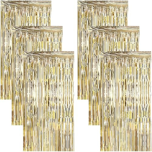 ZOCONE 6 Stück Lametta Vorhang Champagner Glitzer Party Vorhang 1m x 2m Glitzervorhang, Luftschlangen Fransen Geburtstag Dekoration für Weihnachts Halloween Dekoration