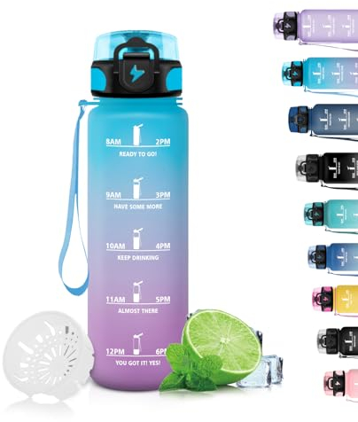 Grsta Trinkflasche, 500ml Trinkflasche Kinder, Trinkflasche Auslaufsicher mit Filter, Trinkflasche mit Uhrzeit, Leicht zu Reinigen, Trinkflasche Sport für Schule, Fitness, Outdoor, Blue-Purple