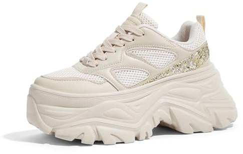 LUCKY STEP Women's Glitter Chunky Sneakers Breathable Mesh Dad Sneakers Fashion Casual Sparkly Bling Walking Shoes(8 M US Beige)