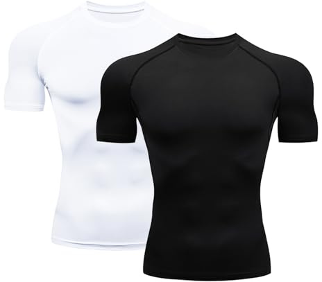 HYCOPROT Kompressionströjor för män kortärmad kompressionstopp atletisk träning t-shirt snabbtorkande sport baslager löpning undertröjor toppar, Svart+vitt, M