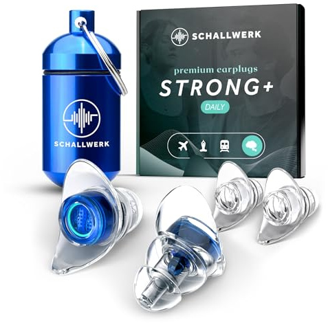 Schallwerk ® Strong+ Daily - unauffällige Gehörschutz Ohrstöpsel – dämpfen Lärm & erhalten Tonqualität – Ohrenstöpsel transparent - Earplugs geeignet für Musik, Alltag, Arbeit & Lernen