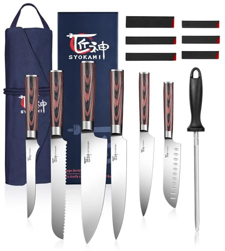 SYOKAMI Knife Set, 9 Piece Japanese Kitchen Chef Knife Sets with Roll Bag, Professional Wooden Handle, High Carbon Steel Kitchen Knives with Case for Cooking Camp Outdoor Travel
