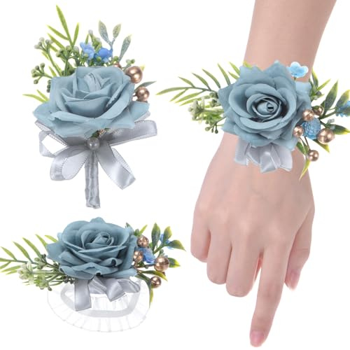 M METERXITY 1-Set Armband-Korsage und Ansteckblumen-Set, Künstliche Rosenblumen-Armband und Herren-Korsage für Hochzeit/Party/Abschlussball/Dekorationen [Blau]