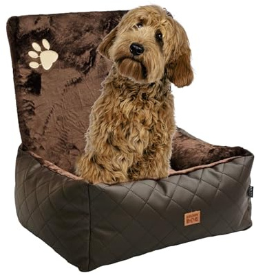 Golden Dog -Transportbox Hund mit Sicherheitsgurt S 58 x 46 cm Leder Imitation Autositz Hund, Wasserdicht Hundesitz Auto - Beifahrersitz Hundebox Faltbar - Anschnallgurt Hundekorb Auto