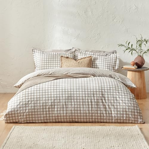 Yard Barton Quadri Vichy Set Copripiumino – 100% Cotone Reversibile Federe Oxford Morbido E Traspirante Biancheria Da Letto Premium (Naturale – Super King – 260x220cm)