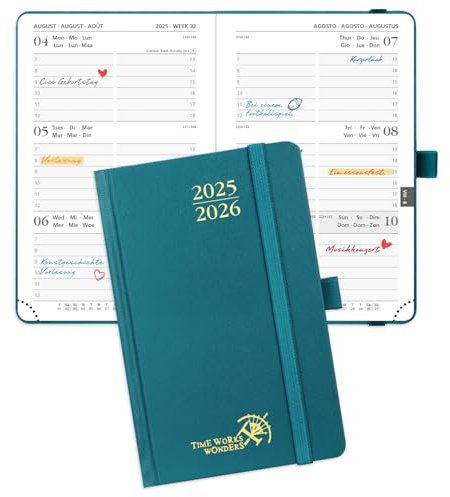POPRUN Taschenkalender 2025 2026 Klein Hardcover, ca. A6 (16 x 10,5 cm) - Kalender 2025 2026 Klein (Aug.2025-Dez.2026) - Wochenplaner 1 Woche 2 Seite mit Innentasche - Pazifikgrün
