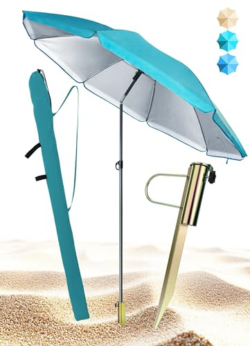 Menz Sonnenschirm Strand im 3er-Set, Türkis - Strandschirm windfest stabil Ø 180 cm + Rasendorn Sonnenschirmhalter + Sonnenschirmhülle, UV 50+ Sonnenschirm mit Rasendorn, Schirmspieß für Garten