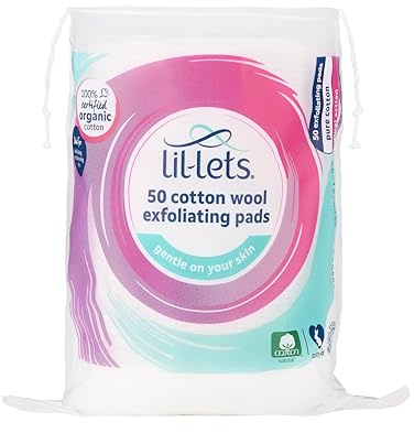 Lil-Lets Cotton Exfoliating Rounds x 50 Count (1 Pack), 100% Pure Cotton, Certified Organic, Soft and Gentle Exfoliation, Dermatologically Tested, Suitable for All Skin Types.