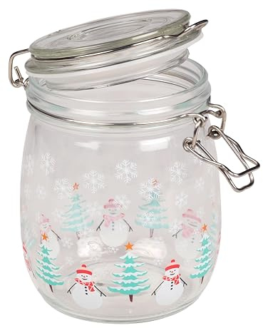 Tala Luftdichtes Glas mit Schneemann- und Weihnachtsbaum-Motiv, Weihnachtsstil, festliches Glas mit Lebkuchenhaus und verschneiter Szene, zum Einkochen von Keksen, Süßigkeiten und anderen Waren, 750