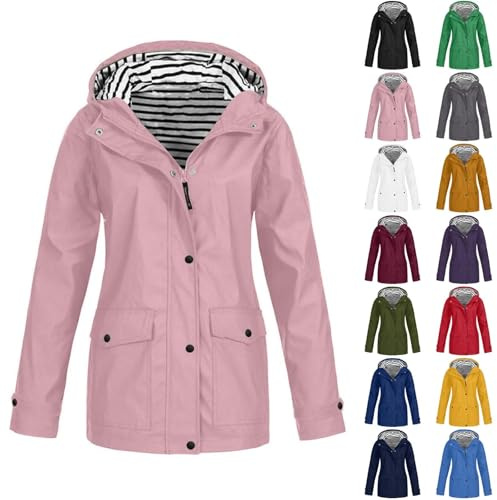 Angxiwan Packaway Waterproof Jacket Womens Waterproof Jacket for Women UK Lightweight Full Zipper Long Rain Coats with Pockets Casual Plus Size Hooded Jackets Outdoor Long Jackets