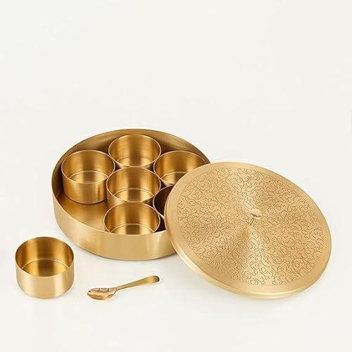 bhavika Creation Brass Masala Dabba Spice Box Set, 7 Containers with Spoon, Gold