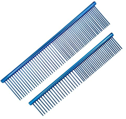Pets Grooming Combs, 2 PCS Stainless Steel Pet Combs, Metal Pet Comb with Rounded Teeth, Fur Detangling Tool for Pets, Pets Grooming Comb for Dogs Cats with Tangled Short/Long Hair - Blue