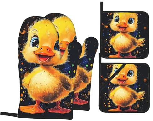 Yellow Duck Heat Resistant Oven Gloves And Potholders Set Oven Gloves With Non-Slip Grip For Bbq, Baking, Cooking