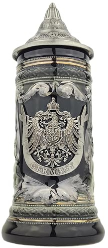 EVERSTYLE Bierkrug mit Deckel 0,7L – Steinkrug mit Spitzdeckel & Metallmontur „Germany“-Motiv – Geschenkidee für Männer, Vater & Bierliebhaber (Schwarz)