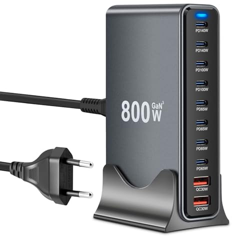 10 en 1 & 800 W USB C cargador múltiple, cargador rápido USB GaN III USB múltiple con 8 x USB-C + 2 x USB-A, cargador Power Delivery, estación de carga USBC para MacBook Pro/Air, iPhone, iPad, Samsung