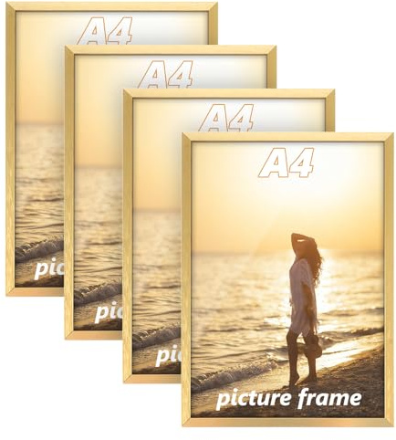 LOPYXBR 4 Stück Bilderrahmen A4 Golden, 21 x 29,7 cm Bilderrahmen Din A4, Rahmen A4, Moderner Portraitrahmen Aluminium mit Bruchsicherem Acrylglas